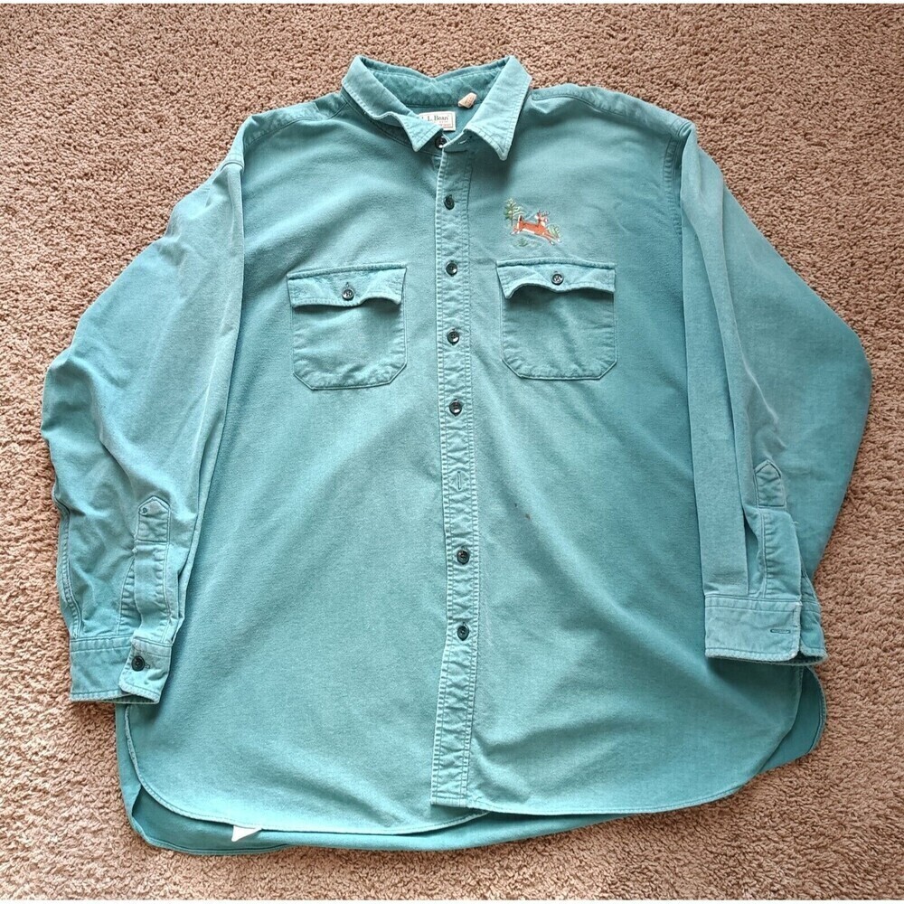 L.L. Bean Mens Size 20 Tall Button Down Shirt Deer Embroidered Green Long Sleeve